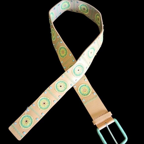 GUESS Embroidered Tan & Green Belt  with Rhinestones Vegan Leather - Picture 1 of 6